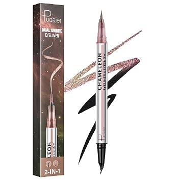 Pudaier Dual-Ended Eyeliner Pen, Multichrome Liquid Eyeliner with Black & Color Shimmer Tips, Waterproof Long Lasting Eye Makeup, Precise Tip for Creative Looks