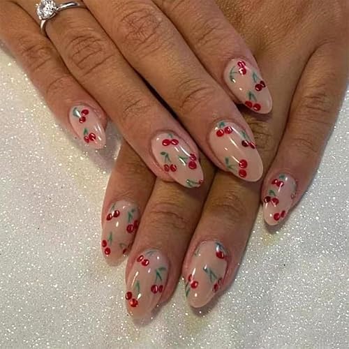 Cute Cherry Press on Nails Short Fake Nails Almond False