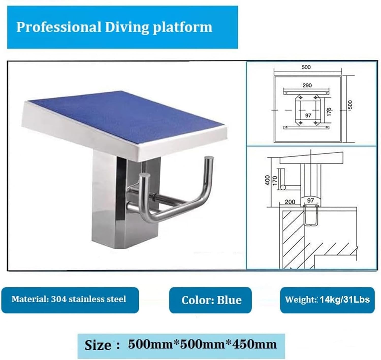 Swimming Pool Starting Block, Non-Slip Diving Platform with 304 Stainless Steel Base, Swimming Pool Special Diving Platform, with tilt Angle Design, for Competition Swim Pools