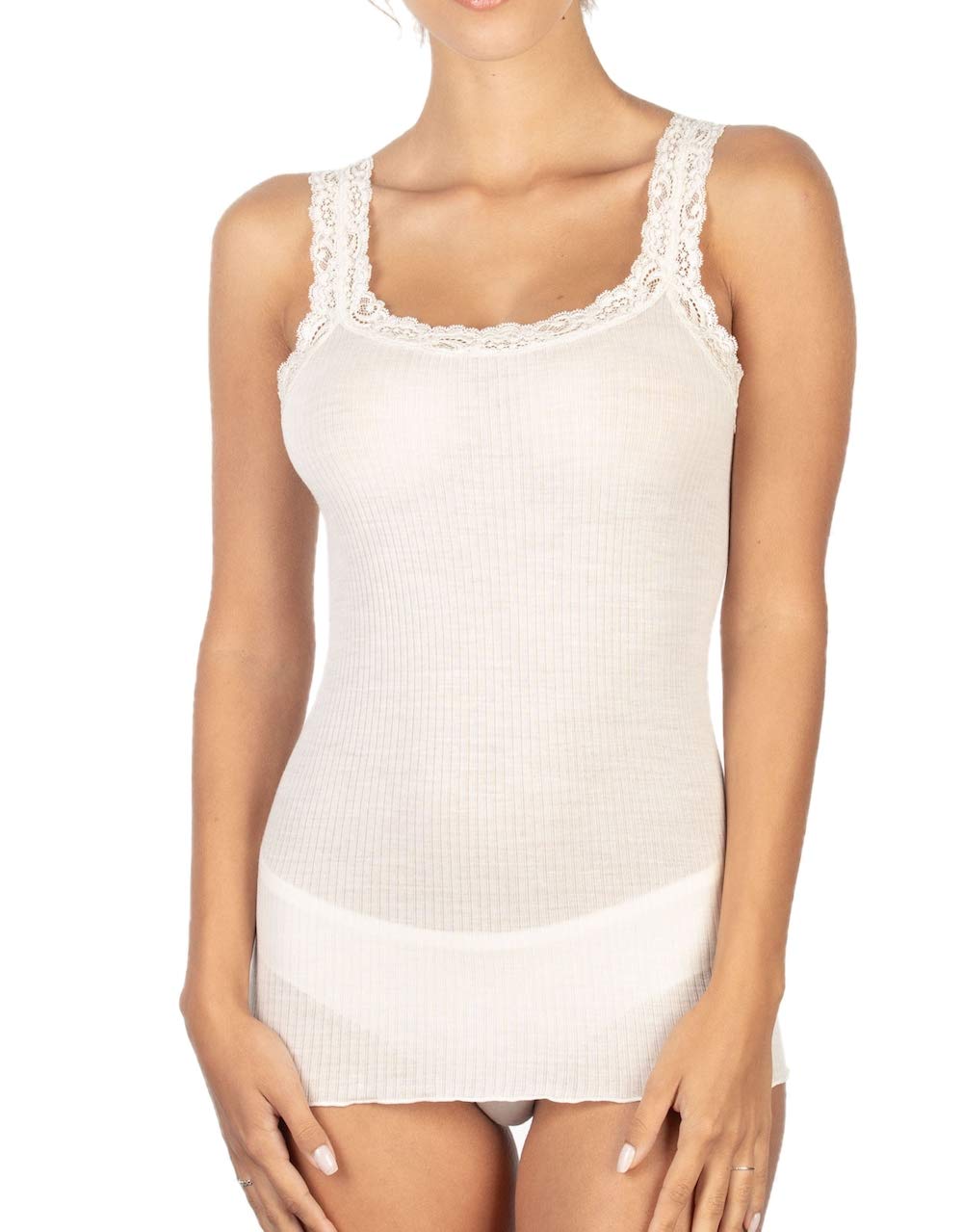 Canotta Donna Spallina con Bordo in Pizzo Lana 85% e Seta 15% a Costine