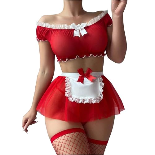 Women's Exotic Costumes Slutty Lingerie Outfits Sexy Lace Cami Mini Skirt Fishnet Stocking Maid Cosplay Lingerie Set - Red - Medium