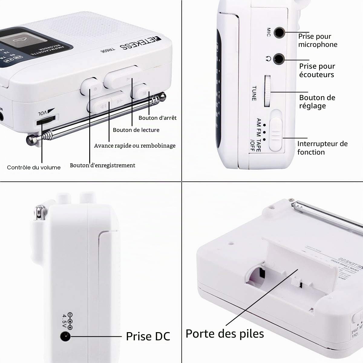 Retekess TR606 Radio Cassette Portable et Enregistreur, Poste Radio FM AM, Enregistreur à Cassette, Prise Casque 3,5mm, Avance et Retour Rapides, Cadeaux Entre Amis(Blanc)