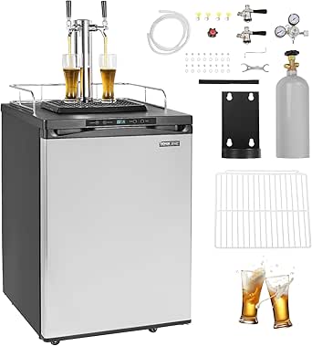 VEVOR Beer Kegerator Dual Tap Draft Beer Dispenser Full Size Keg Refrigerator with Shelf, CO2 Tank (No Gas), Drip Tray & Rail, 23°F-82.4°F Temperature Control, 162L, Silver