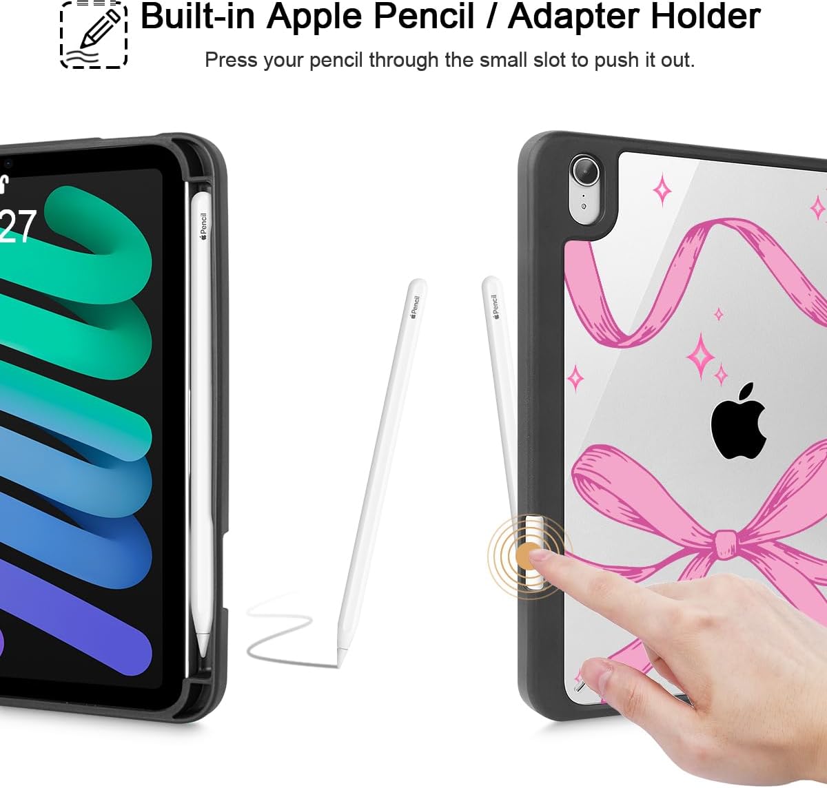 Tuiklol for iPad mini 7 (A17 Pro) 2024 / iPad mini 6 2021 8.3 inch Case, Built-in Pencil Holder Slim Clear Back Shell Cover Auto Wake/Sleep with iPad mini 7th / 6th Gen Cover, Bow