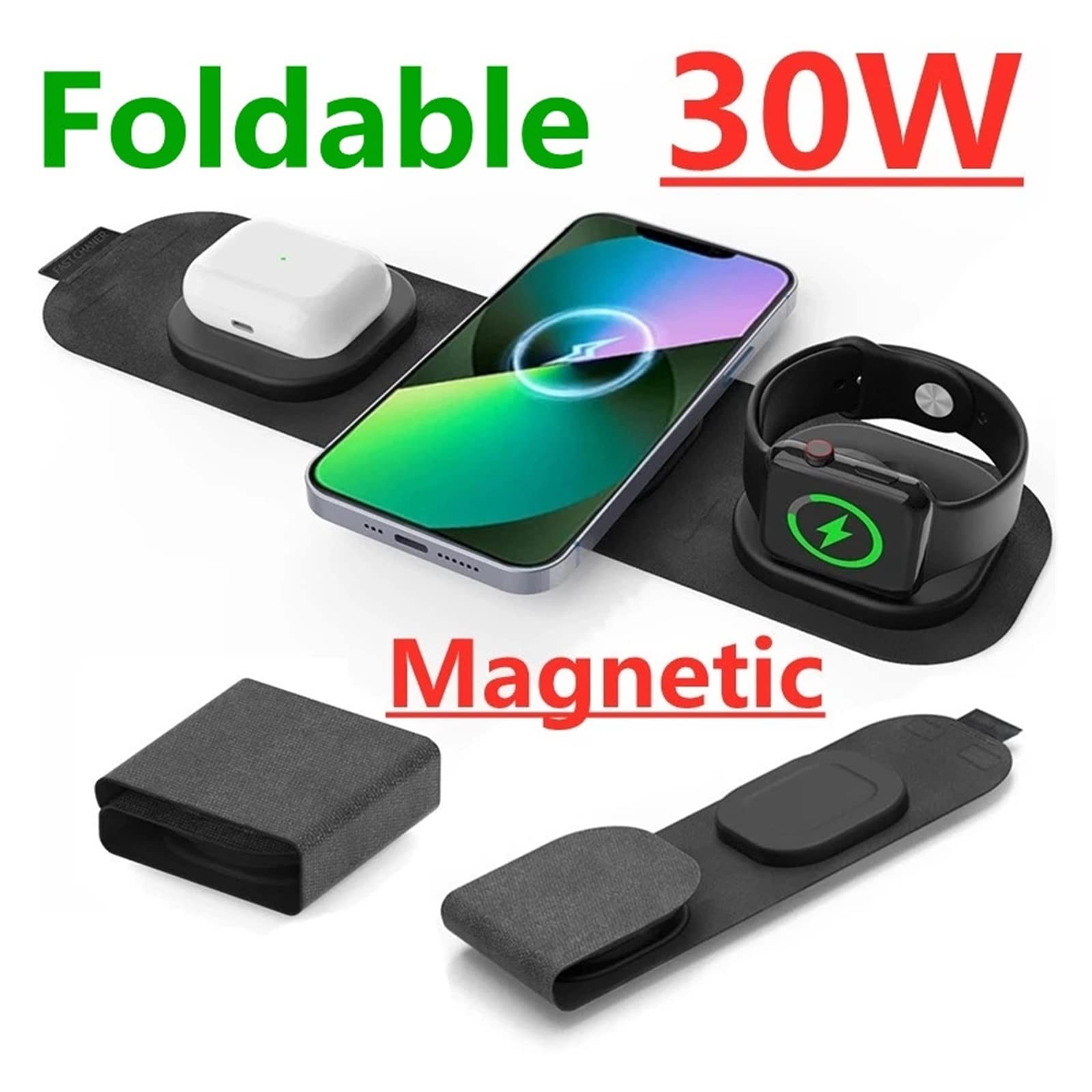 Chargeur sans Fil 3 en 1 Support de Chargeur sans Fil 30W Station de Chargement Rapide magnétique for écouteur de Montre de téléphone(with Plug)