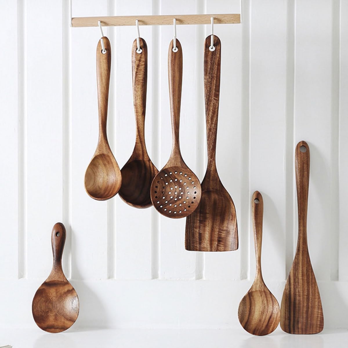 Kichvoe Set Utensili da Cucina in Legno di Acacia con Paletta e Cucchiaio per Mescolare, Design Raffinato e Semplice, per Cucinare in Modo Affidabile