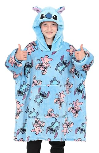 Disney Lilo and Stitch, Stitch & Angel Girls Blue Hoodie, Oversized Fleece Blanket Hoody