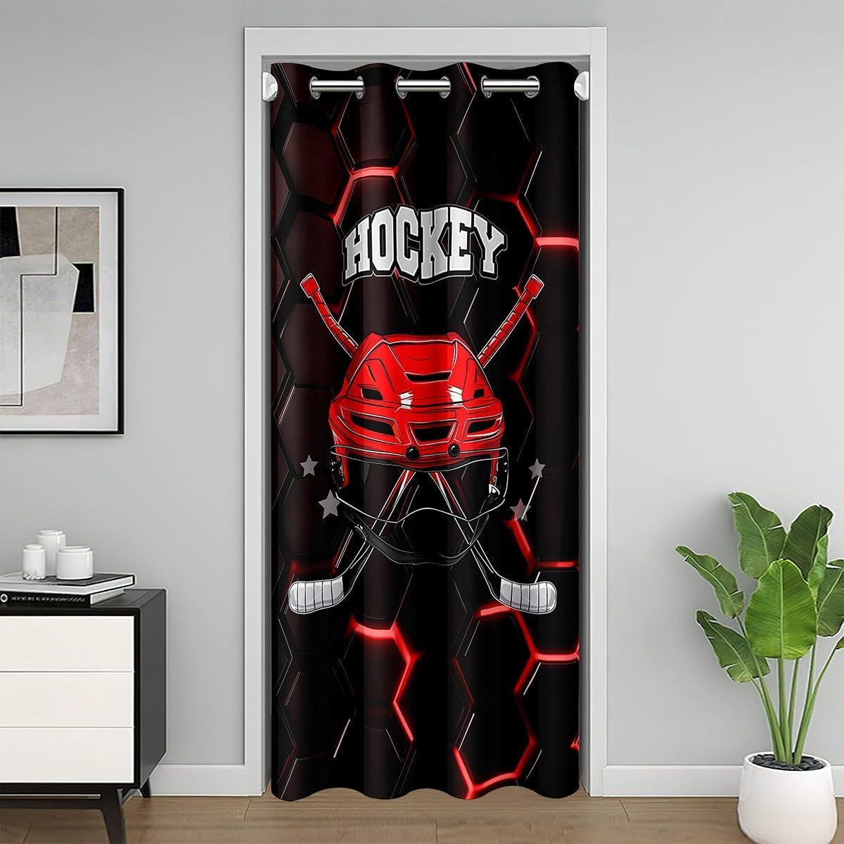Castle Fairy Ice Hockey Door Curtain 1 Panel 60" W X 80" L Red White Hockey Stick Helmet Doorway Curtain for Closet Door Blue Stripes Modern Competition Sports Style Door Drape for Bedroom Privacy