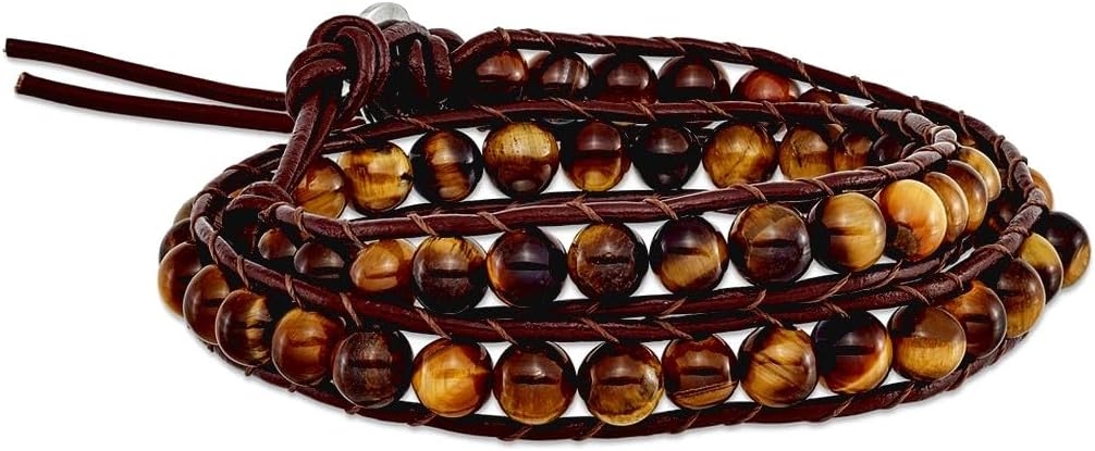 JewelryWeb Stainless Steel 6mm Brown Beads and Leather Cord Multi Wrap Bracelet Wrap Bracelet for Women