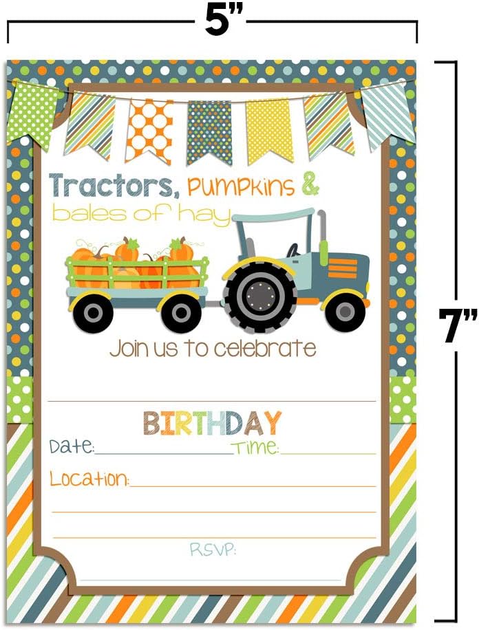 Fall Tractor With Pumpkins Birthday Party Invitations for Boys, 20 5x7 Fill In Cards with Twenty White Envelopes by AmandaCreation