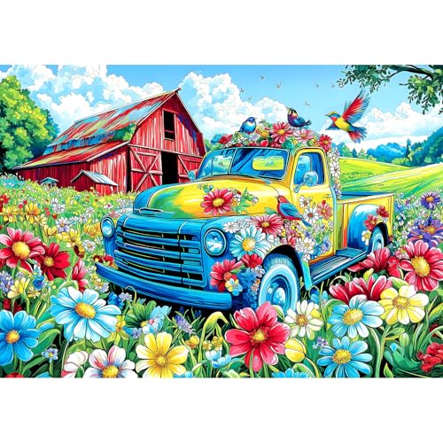 Spring Village Truck 1000 Piece Puzzles for Adults, Clearance Challenge Art Jigsaw Puzzle, for Gift Birthday Party Games Family, 27.5 * 19.7 Inch Dust Free Puzzle