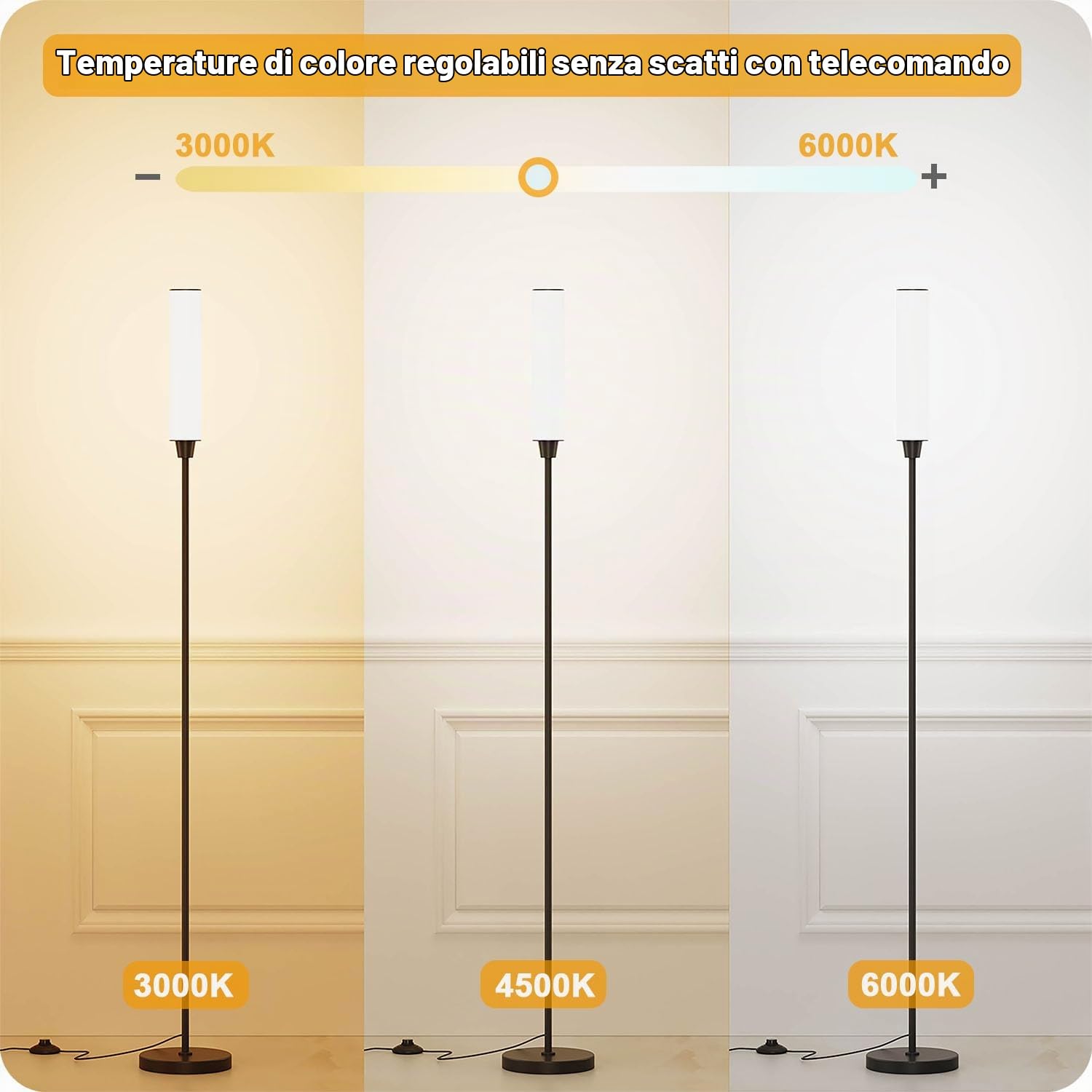 Lampada da terra con telecomando,piantana lampada da terra,lampada da terra salotto,lampada dimmerabile Luminosità 10% -100% e temperatura del colore 3000k-6000k,piantana