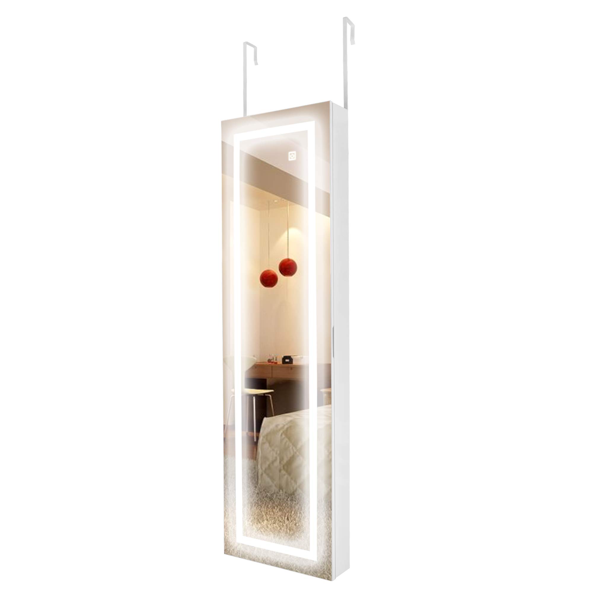 Schmuckschrank mit Spiegel und Touchscreen-LED-Lichtleiste – Weiß – Türhänger/Wandmontage – Spiegelschrank für Schmuck – Schmuckaufbewahrung – Kosmetikschrank – Schmuckkasten – Aufbewahrung