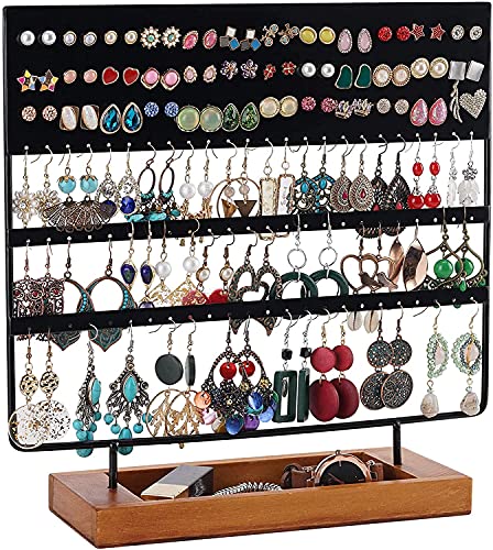Preisvergleich Produktbild Wakerda Schmuckständer Ohrringhalter Ohrring Ständer -144 Löcher Ohrstecker Ständer Ohrring Organizer Schmuckhalter mit Holz Sockel Schmuckaufbewahrung Ohrsteckerhalter (Schwarz Upgrade)