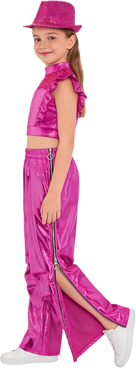 dPois Kids Girls Jazz Dance Outfit Metallic Ruffle Crop Top Tear Away Side Zipper Shiny Cargo Pants Hot Pink 8 Years