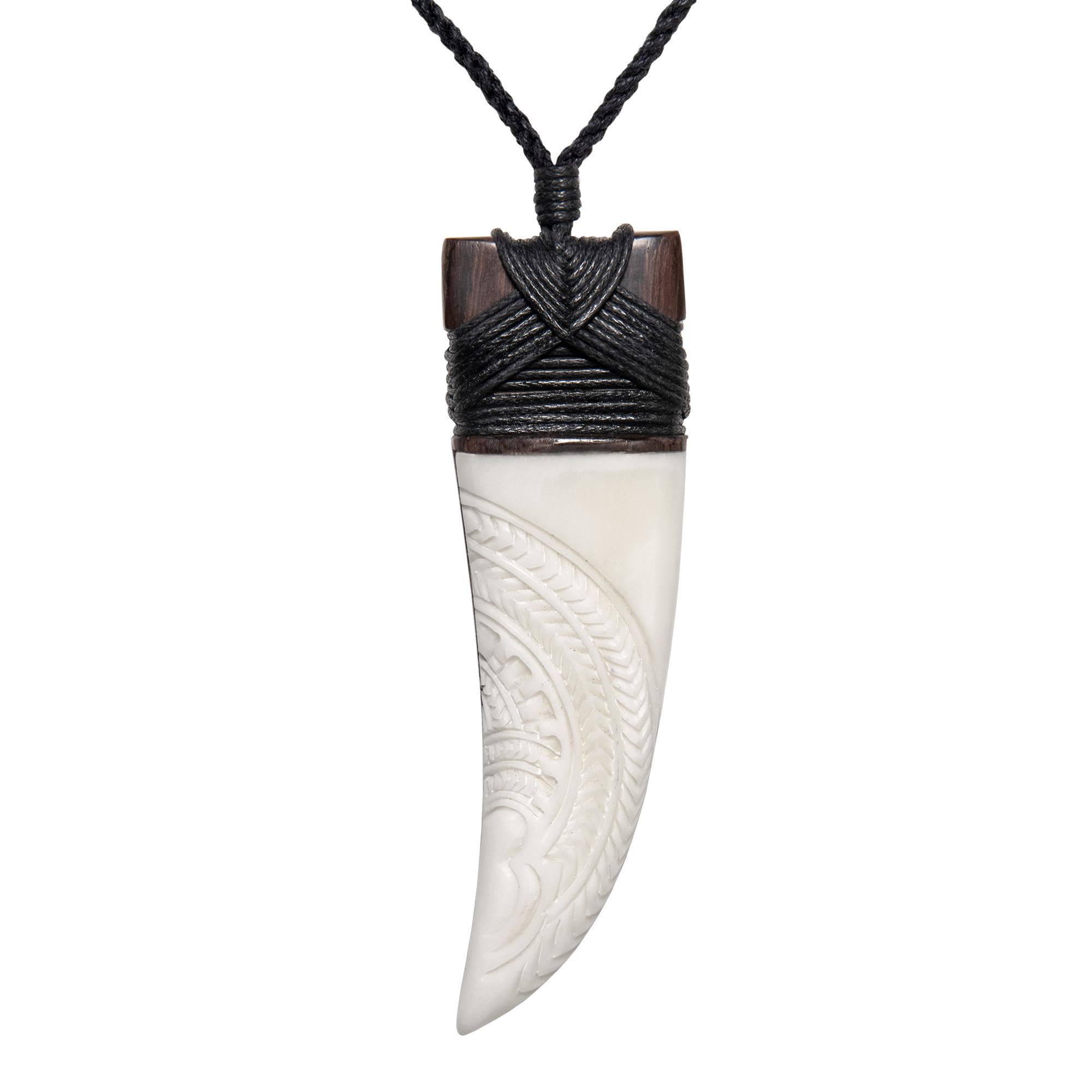 81stgeneration Colgante de Diente de Tiburón Niho Largo de Hueso y Madera Tallados con Grabado Tribal | Collar de Cordón Surfero para Hombre | Joyas Maorí para Mujer | Talismán de Madera
