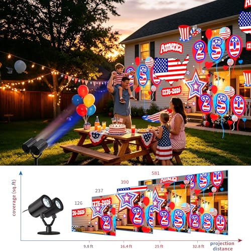 Image of Independence Day Projector Lights Outdoor 4th of July Decorations Lights Projector with American Flag Patterns Waterproof Patriotic Projection Light for 250th Anniversary for Garden Party Decor