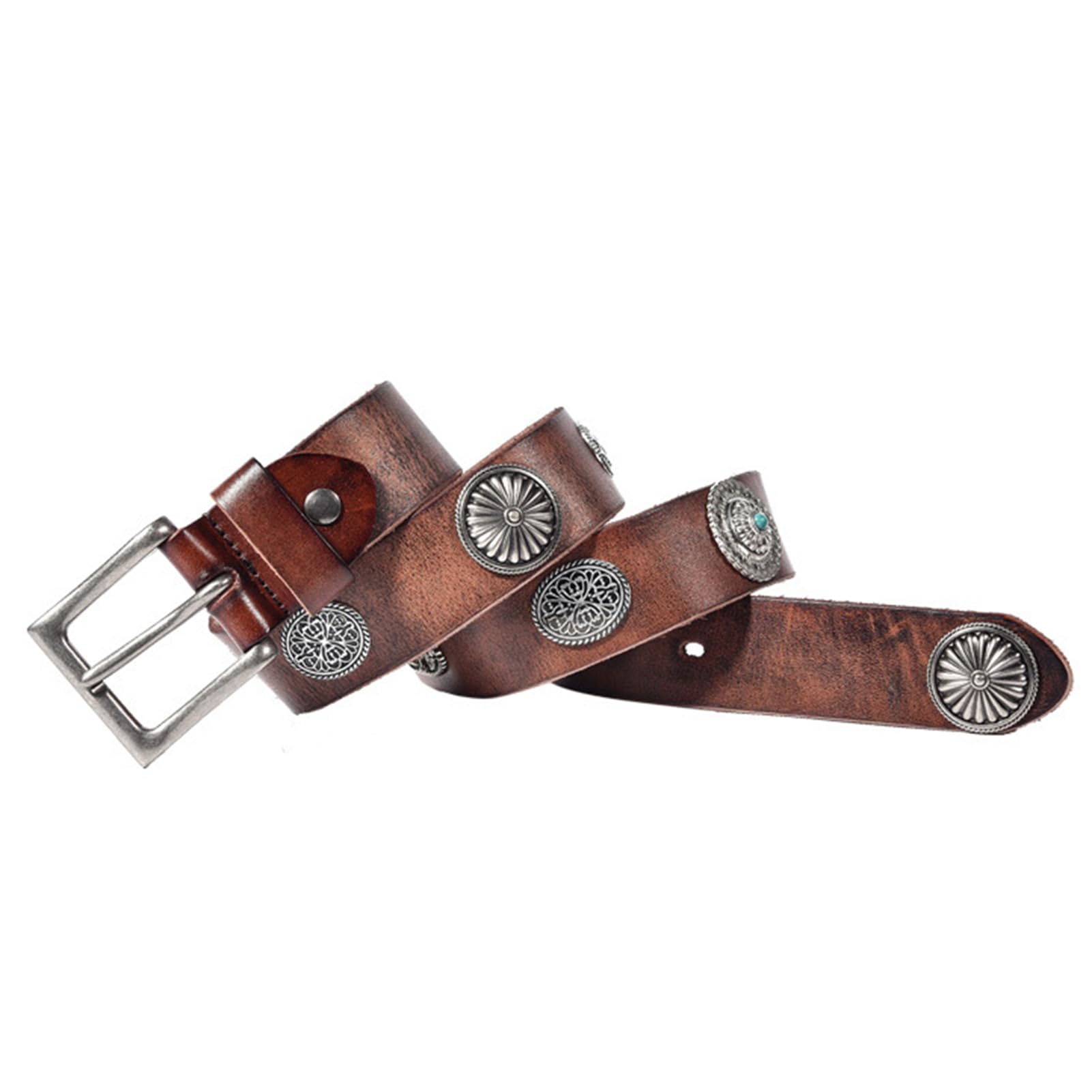 Punk Nietengürtel Ledergürtel Handgemachter Prägung Blumenniete in Kreisförmiger Anordnung Western Gürtel Rechteckige Schnalle Für Jeanshosen(125cm/waist:43", Brown)