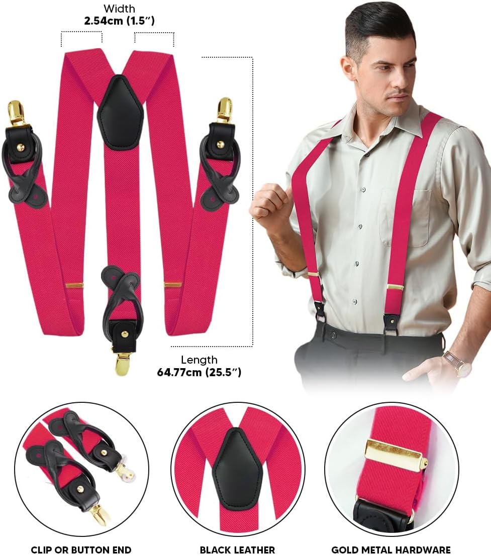 Convertible Suspenders with Interchangeable Clip & Button End Styles, Elastic Y-Back