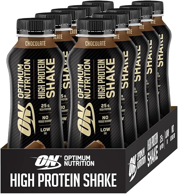 Optimum Nutrition ON High Protein Shake Bottles, Ready To Drink Post Workout Snack, Low Fat and No Added Sugar, Muscle Growth and Support, Chocolate, 10 Shakes, 10x330ml
