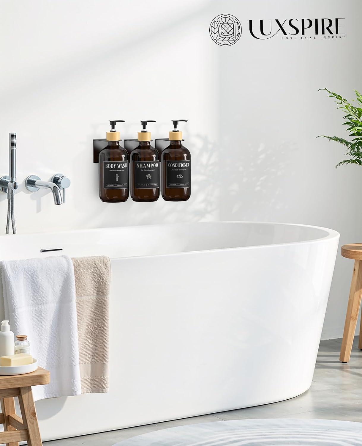 Luxspire Shampoo and Conditioner Dispenser, Shower Soap Dispenser Wall Mounted 3 Sets Plastic Bottles Bamboo Pump, 17OZ Shampoo and Conditioner Bottles for Bathroom, Shower Wall and Hotel, Amber