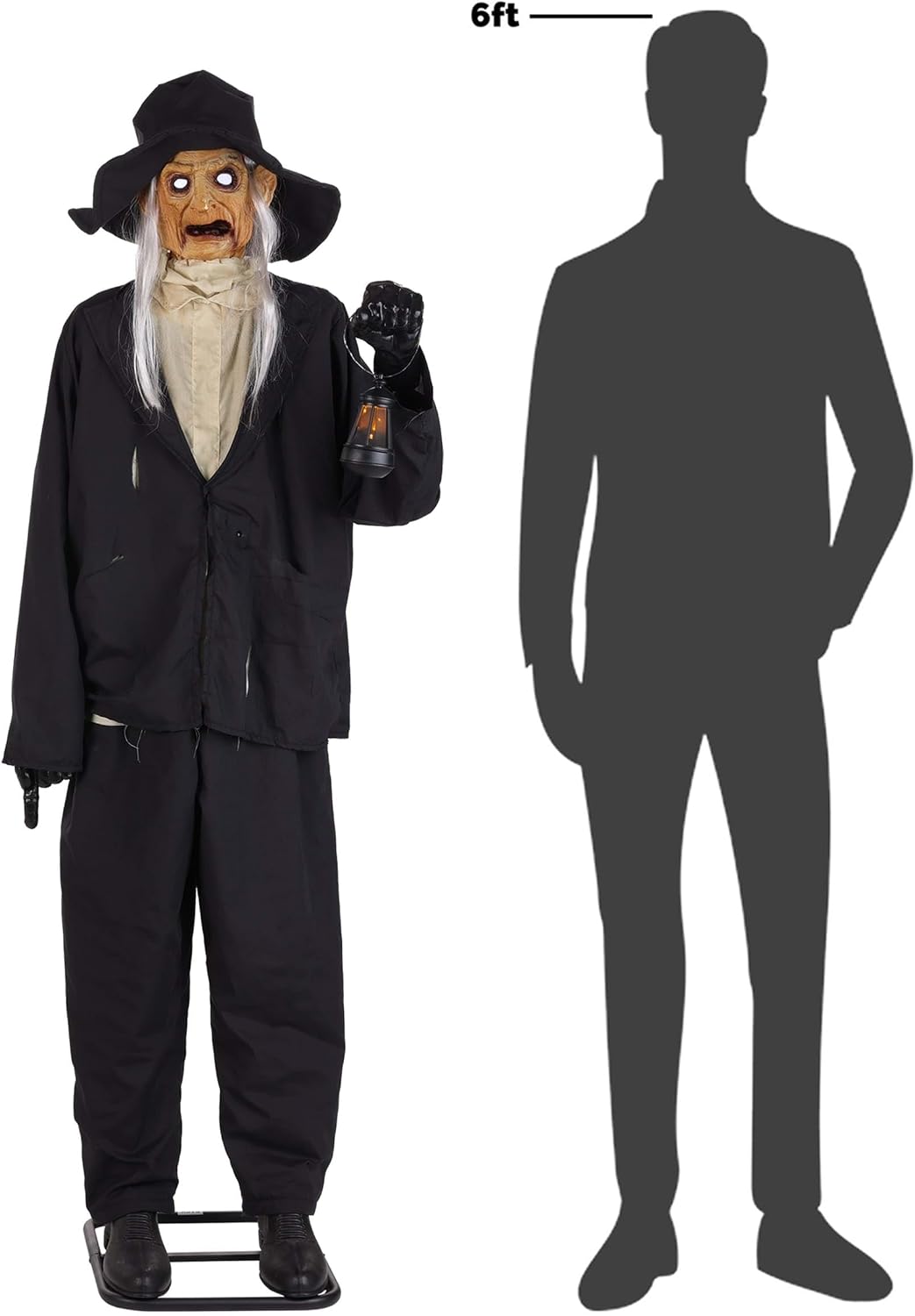 Fun Costumes 7FT Ghastly Gravedigger Animatronic | Halloween Decoration with Light Up Lantern, Talking Head, Moving Arm and Glowing Eyes