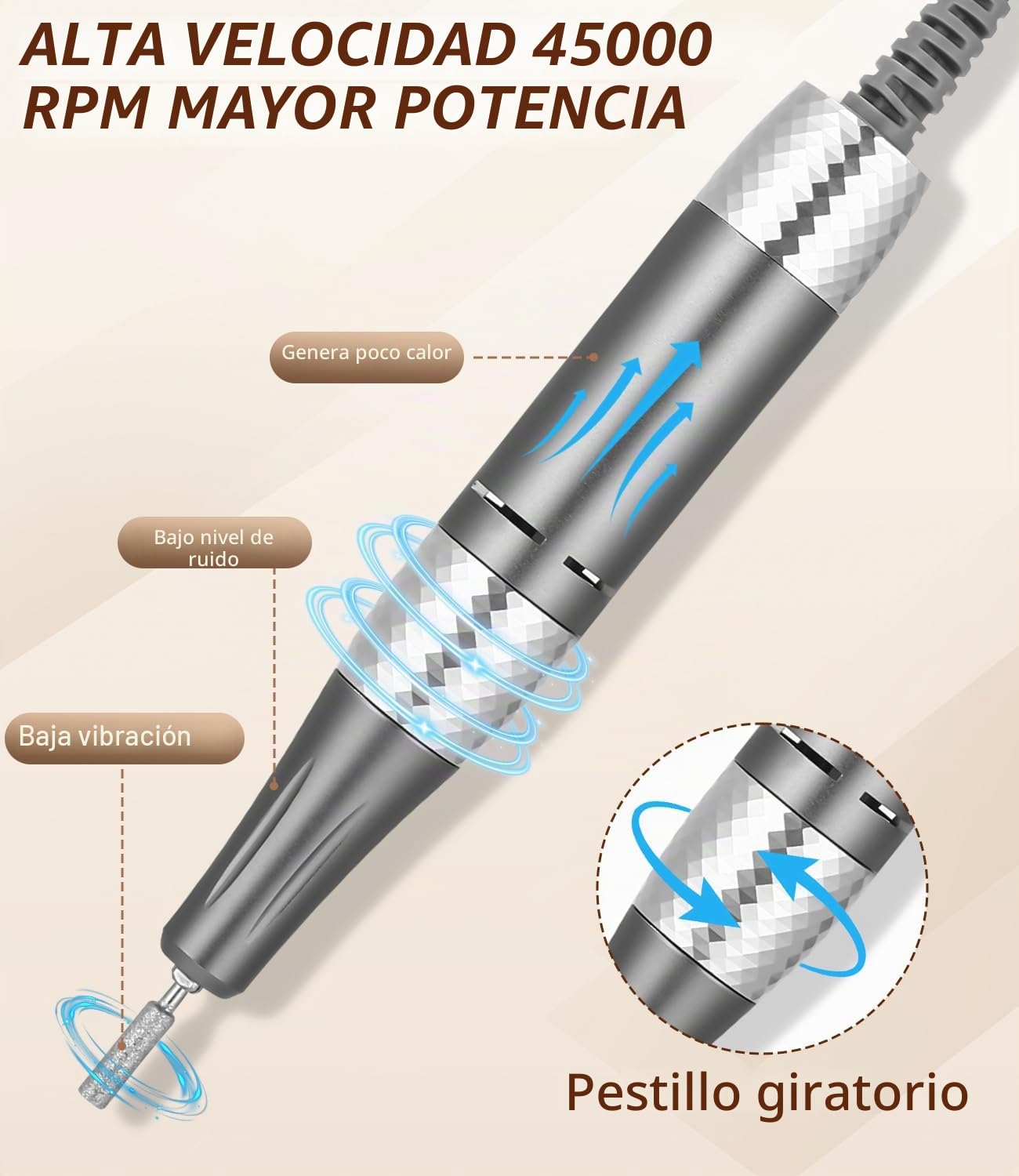 Zawaer Torno para Uñas 45,000RPM, Profesional Lima Electrica Uñas, Velocidad Ajustable,Set de Accesorios para Manicura y Pedicura con Brocas de Cerámica,para Uso Doméstico Salones de Uñas Rosa dorado