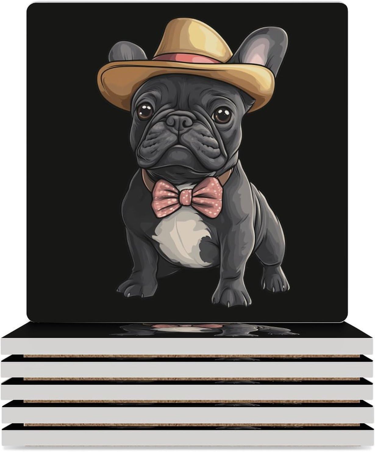French Bulldog Dog with Hat Ceramic Coasters Set Square Drink Coasters Table Coaster for Kitchen Desktop Decor