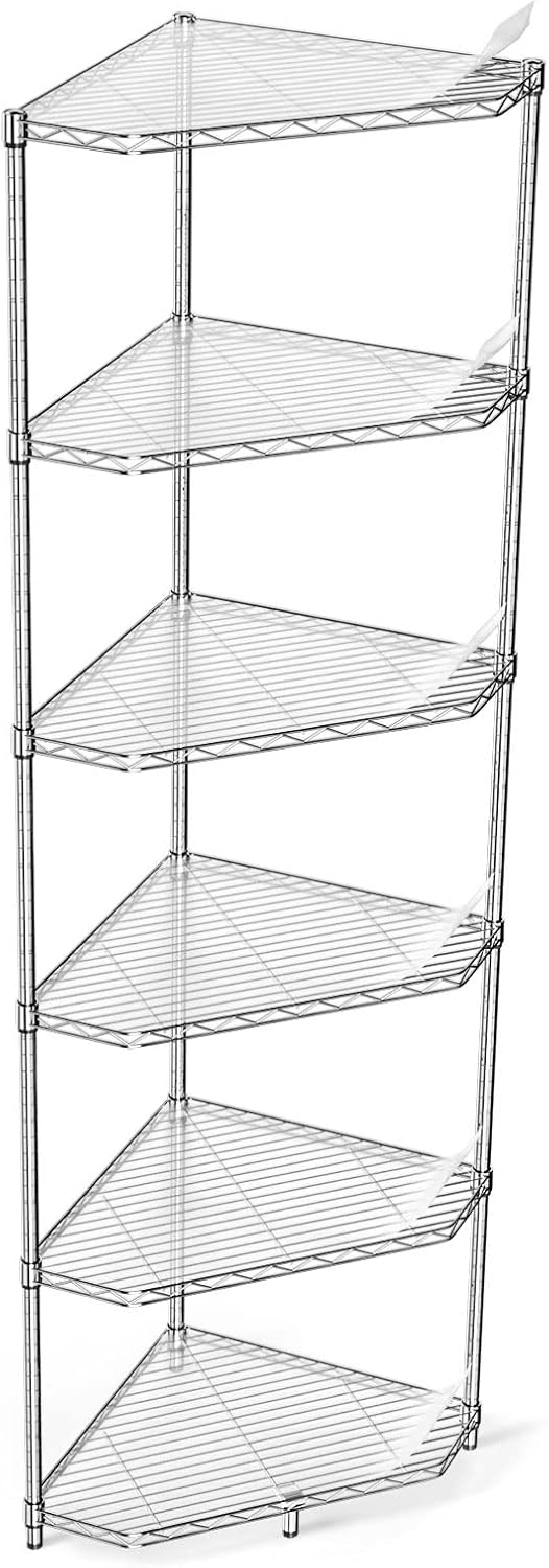 6 Tier NSF Metal Shelf Pentagonal Corner Wire Shelving Unit, 600lbs Capacity Heavy Duty Adjustable Storage Rack with Shelf Liners for Kitchen Garage Office Etc Room Corner, 72"H x 20"L x 20"D - Chrome