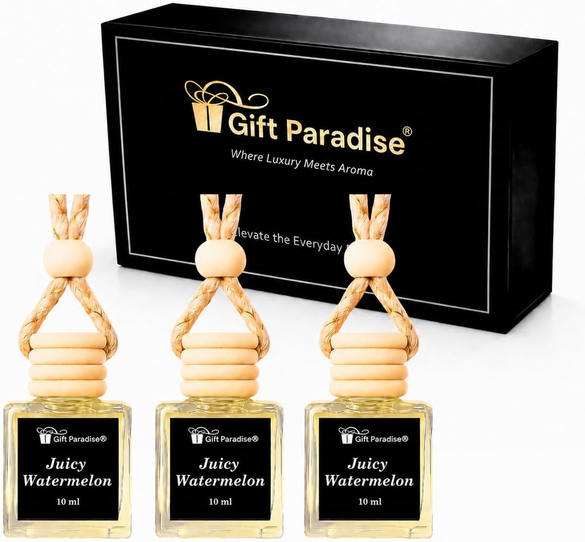 Juicy Watermelon Car Air Freshener Set of 3 (10ml Each) – Luxury Hanging Diffuser with Wooden Cap, Long Lasting Slow Release Fragrance, Magnetic Gift Box, Fresh Fruity Car Perfume