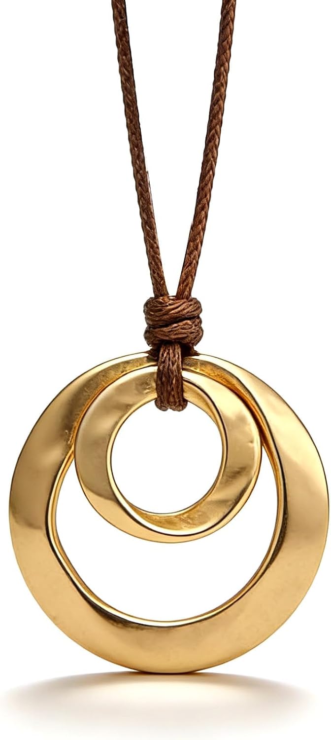Gold Pendant Necklace for Women Adjustable Black Cord Organic Oval Charm Boho Statement Jewelry Gifts