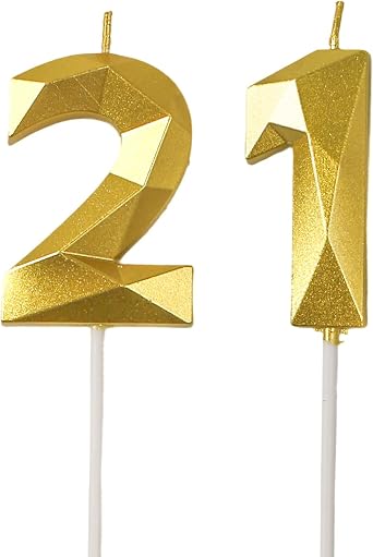 21st Birthday Candles, Gold Number 21 Candle, Cake Topper Decorations for Birthday Party, Wedding, and Anniversary Celebration Supplies