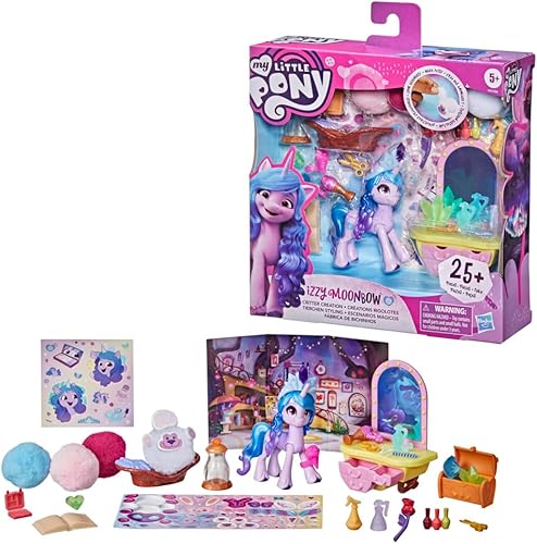 Mi pequeño pony (My Little Pony): A New Generation Movie Story Scenes Critter Creation Izzy Moonbow - Juguete con 25 accesorios y un poni púrpura de