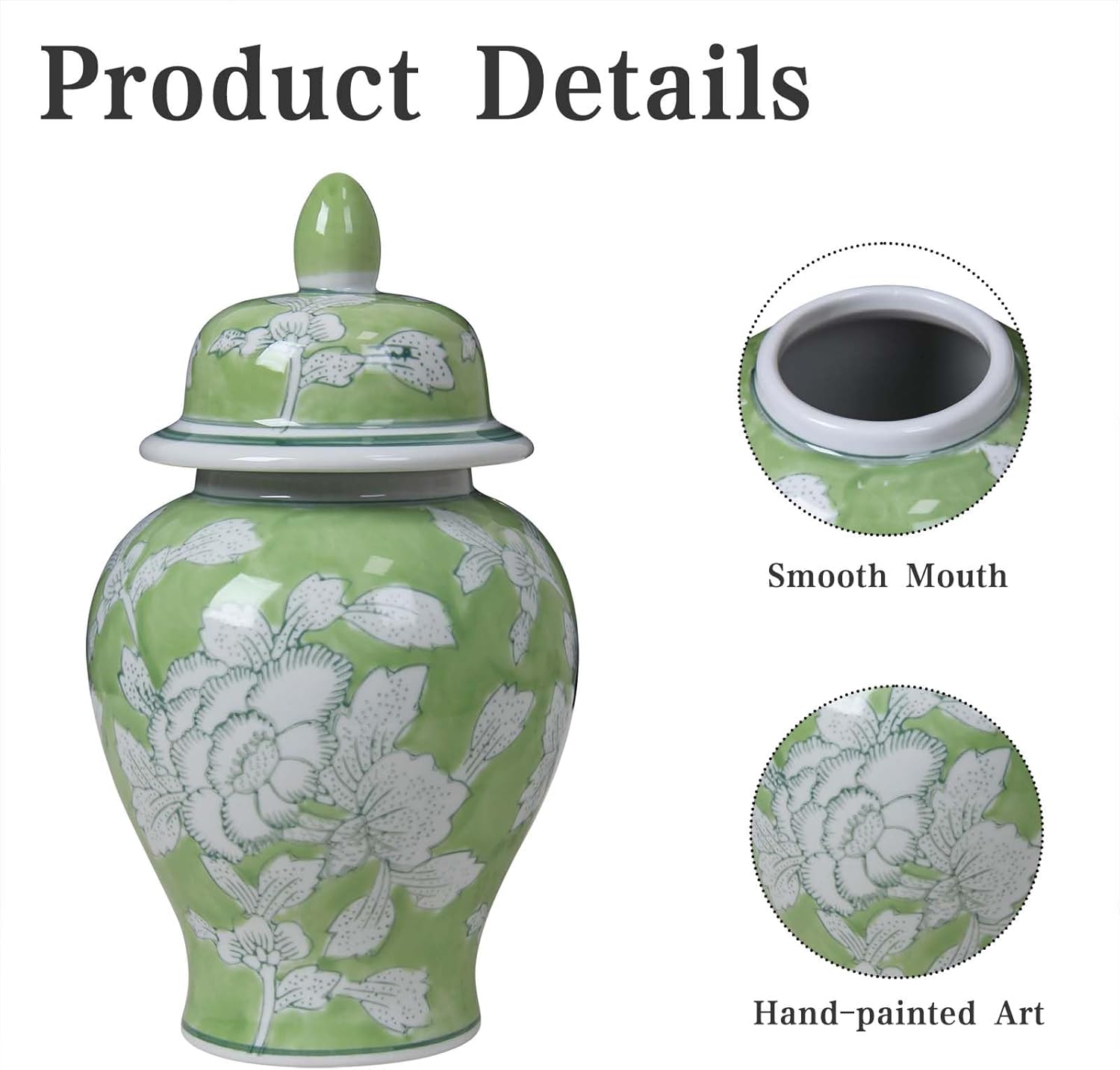 7.85 Inch Small Ceramic Ginger Jar, Green Hand-Painted Decorative Flower Vase, Chinoiserie Decor Porcelain Tea Jars with Lids for Kitchen, Living Room, Office or Bookshelf