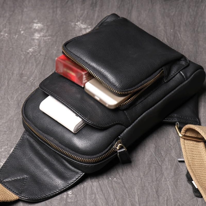 Men's Crossbody Backpack with Chest Strap Genuine Leather Large Capacity Single Shoulder Bag