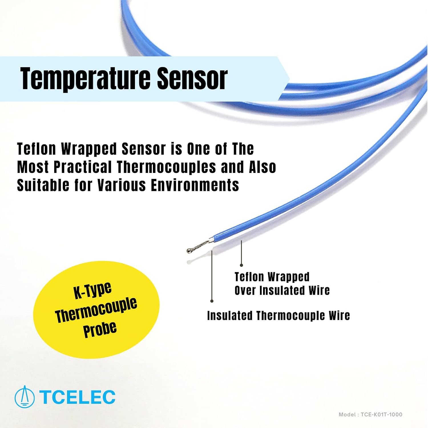 TCE-K01T-1000 K Type Bared Head Temperature Sensor for Type K Related Meter Thermocouple Sensor Operating Temperature Range from -4℉ to 392℉