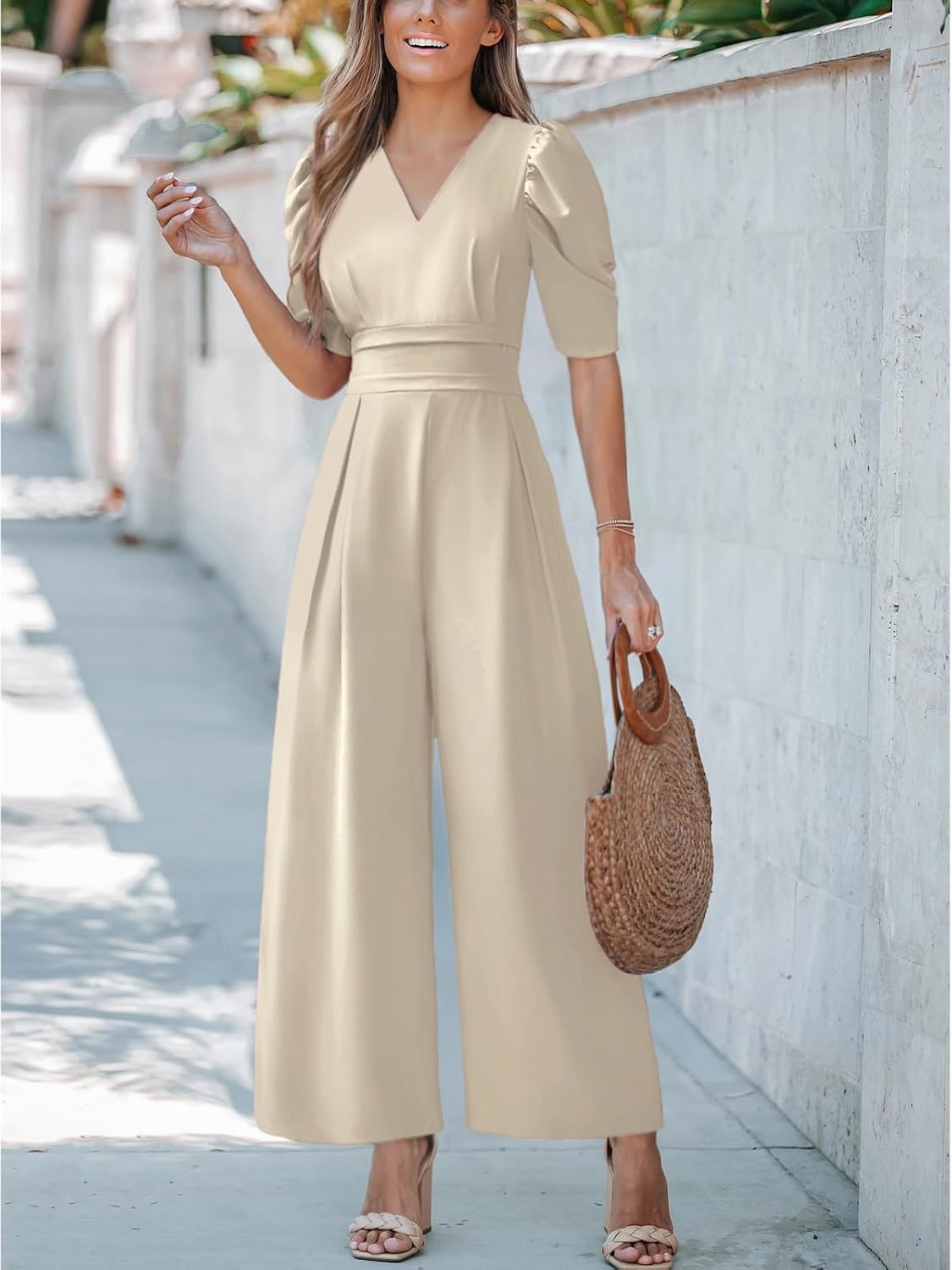 CUPSHE Womens Maxi Jumpsuit Dressy V Neck Half Sleeves Wide Leg Tunic Waist Pockets One Piece Outfit Overall Casual Romper