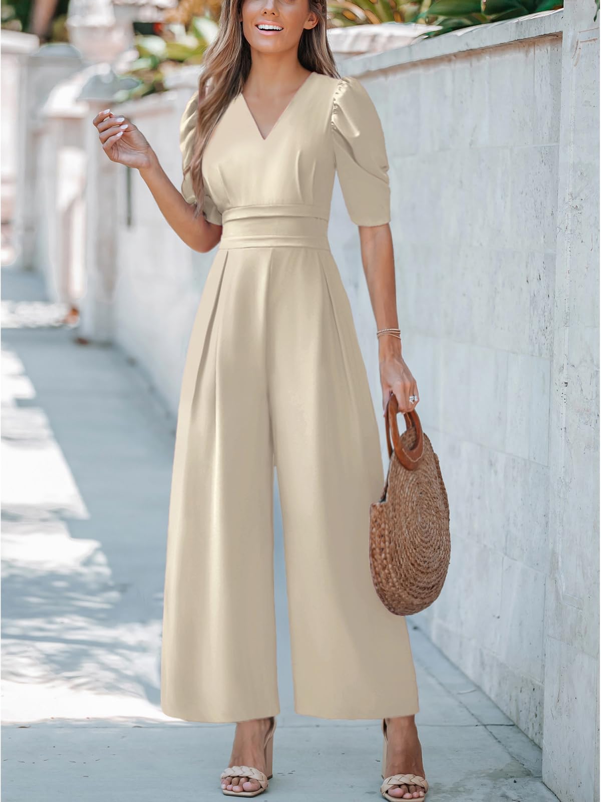 CUPSHE Maxi tuta da donna con scollo a V a mezza manica gamba larga tunica tasche in vita un pezzo completo tuta casual pagliaccetto