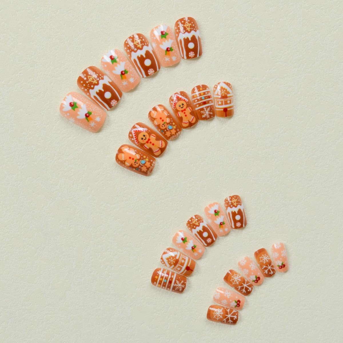 Christmas Cute Cartoon Nails Press on Nails Medium Square Fake Nails with Snowflake Candy Canes House Gingerbread Man Designs Acrylic False Nail Xmas Winter Glue on Nail for Women 24Pcs