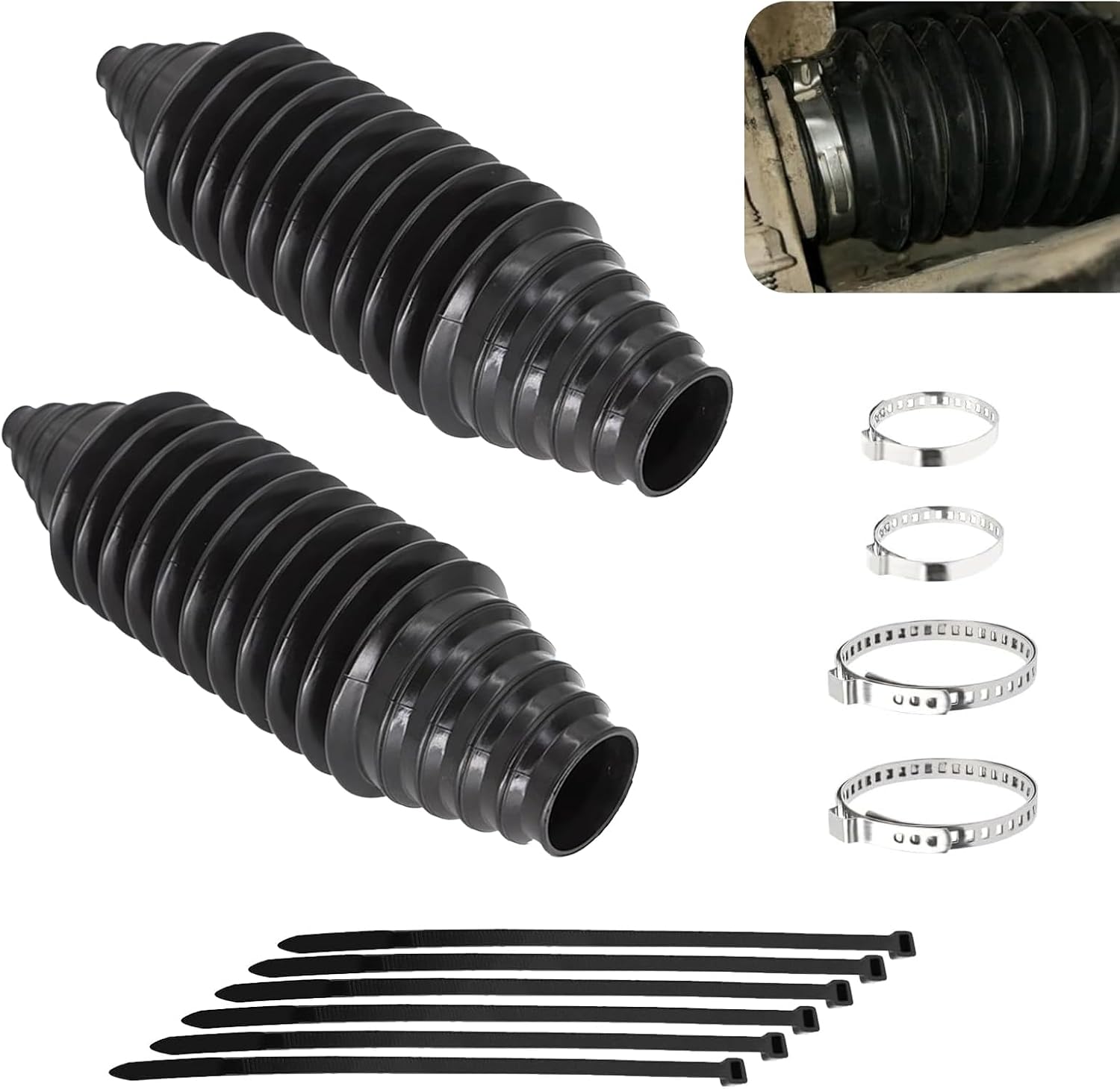 2 PCS Rack and Pinion Boot Inner Tie Rod Boot, Dustproof Tie Rod Boot Kit with Pinion Bellow, Cable Ties and Clamps, Universal Silicone Steering Gear Ball Cage Accessories (Black)