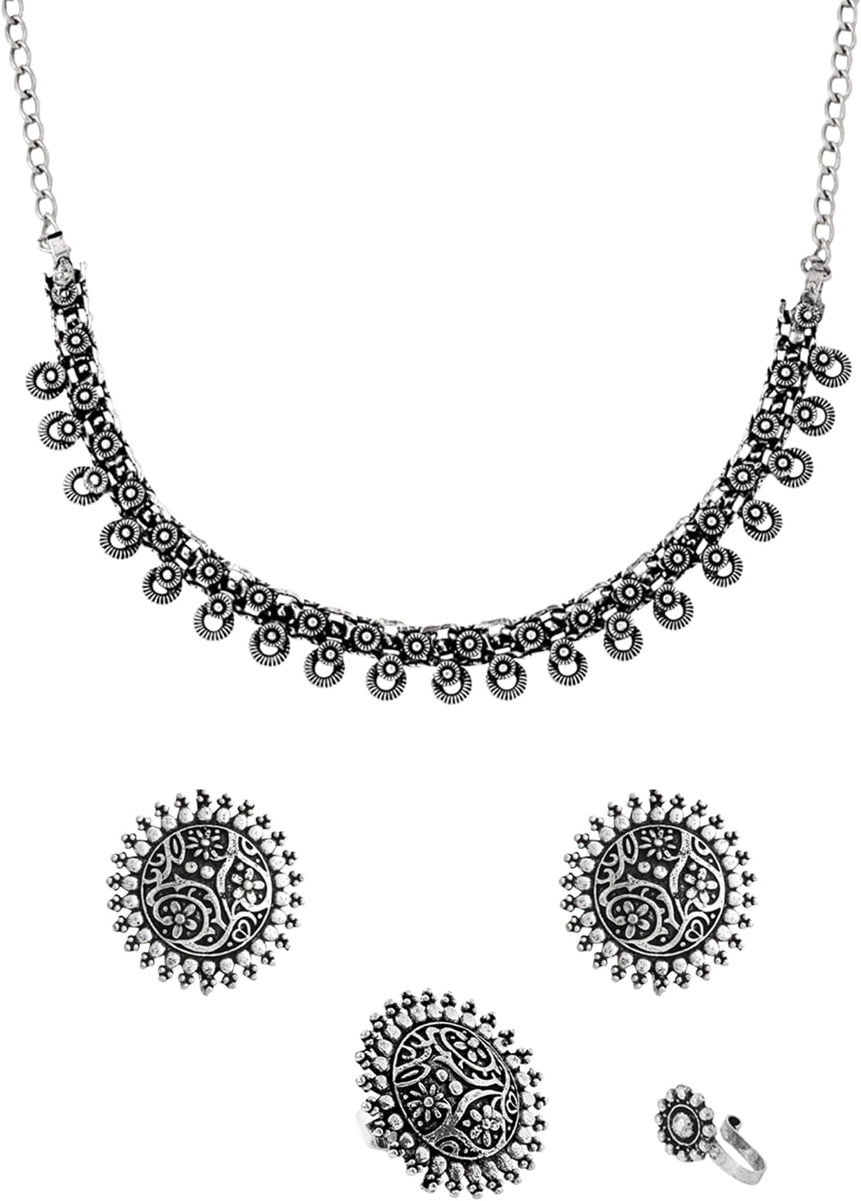 Oxidised Necklace Set For Women And Girls German Silver Oxidised Designed Ethnic Jewellery Choker Necklace Set For Women And Girls