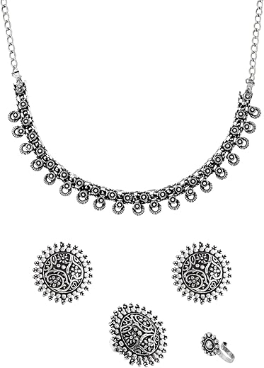 Yellow Chimes Oxidised Necklace Set For Women And Girls German Silver Oxidised Designed Ethnic Jewellery Choker Necklace S...
