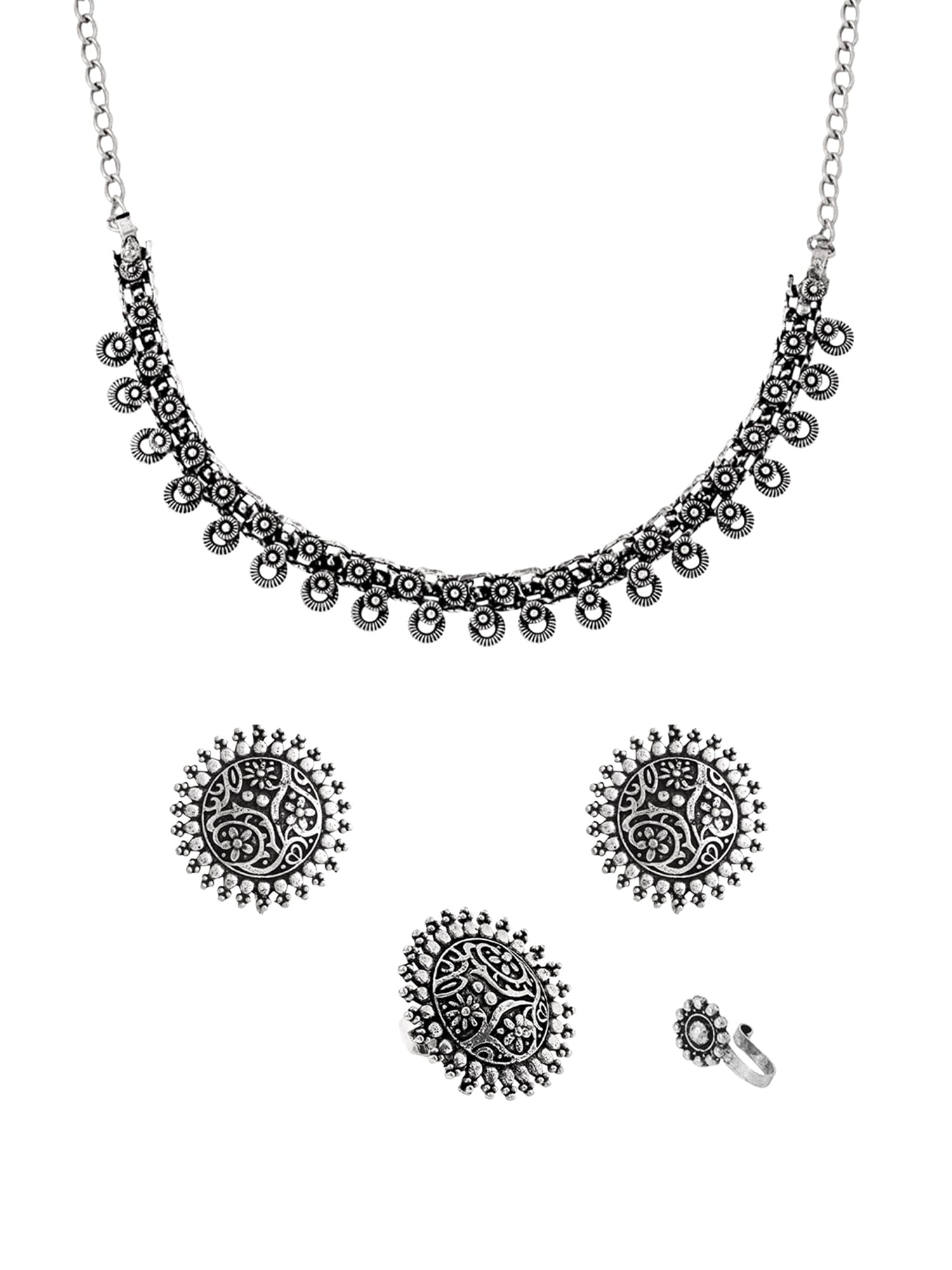 Yellow Chimes German Silver Oxidised Jewellery Set Traditional Threaded Choker Necklace Set for Women and Girls