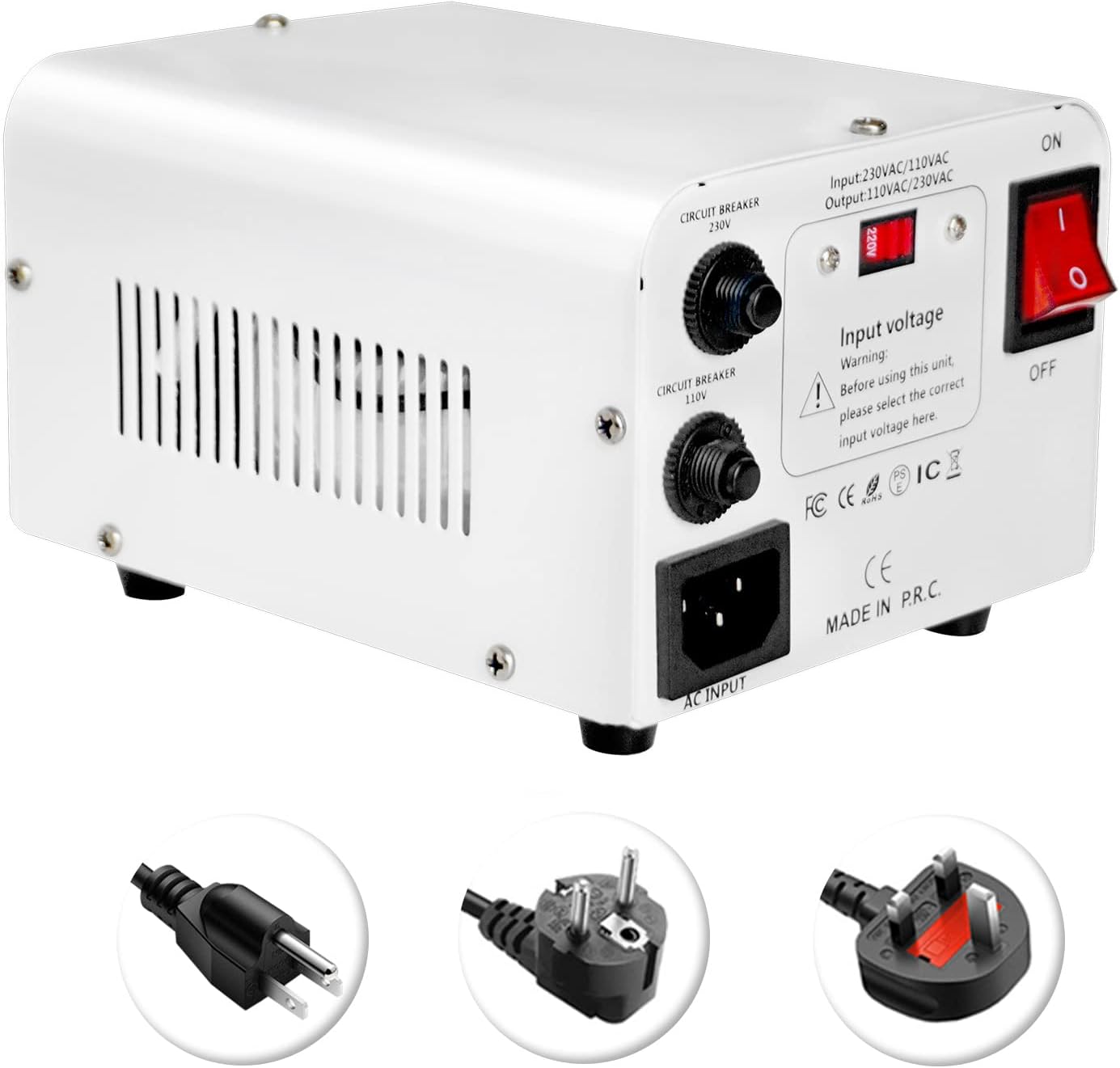 Rear view of the voltage converter showing the input voltage selector and resettable circuit breakers.