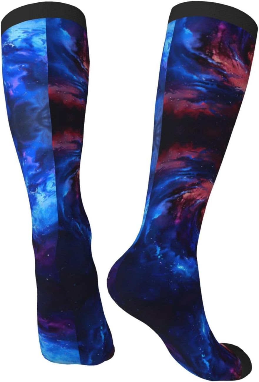 Red Blue Galaxy Print Breathable Crew Neck Athletic High Socks,Suitable For Sports,Running,And Travel.