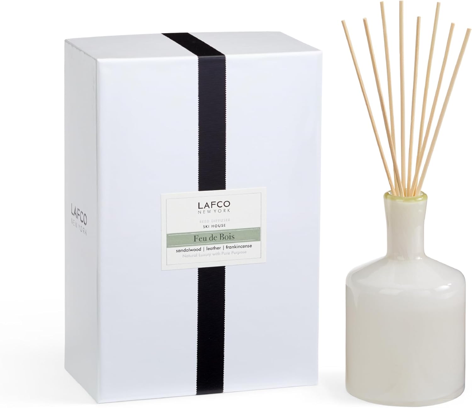 LAFCO New York Signature Reed Diffuser, Feu de Bois - 15 oz - Up to 9 Months Fragrance Life - Reusable, Hand Blown Glass Vessel - Natural Wood Reeds - Made in The USA