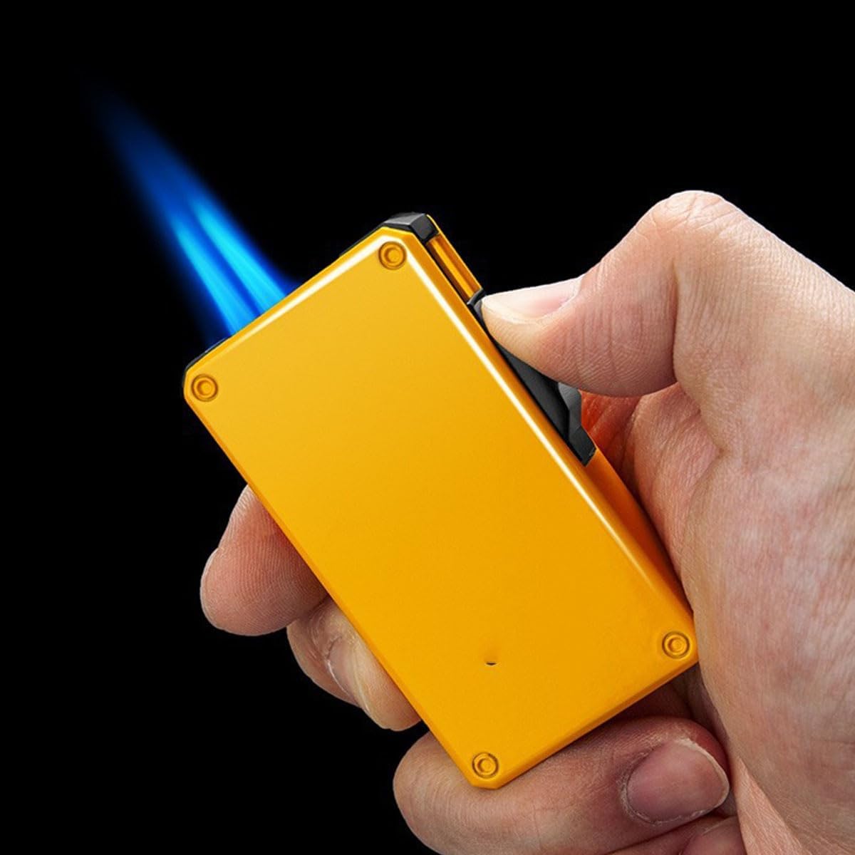 Double Jet Torch Flame Lighter Windproof Refillable Butane Adjustable Push Pull Ignition for Candle Cool Gift for Men (Yellow)