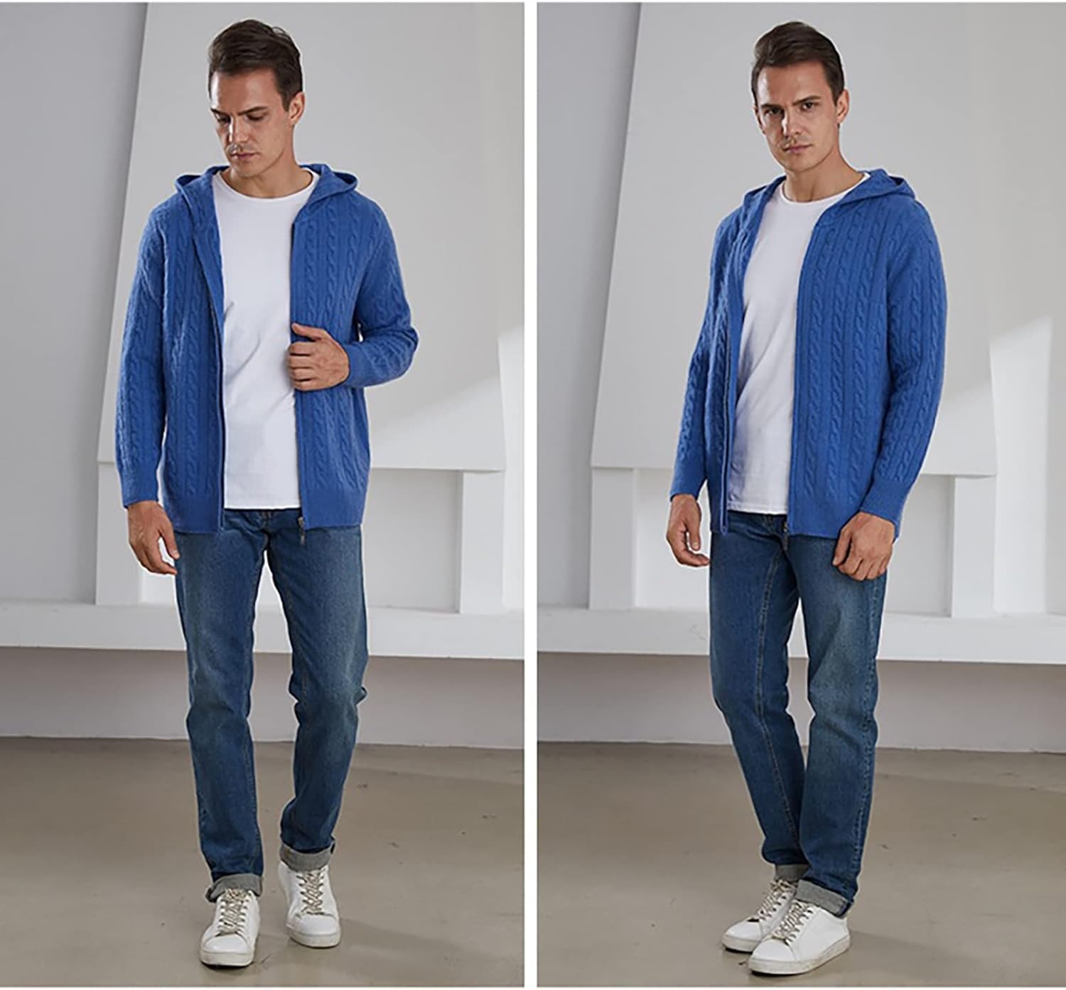 Men's Full Zip Hooded Sweatshirt Sweater, 100% Cashmere Zip Pullover Hoodie, Sports Zip Hooded Cardigan (Color : Blue, Size : Large)
