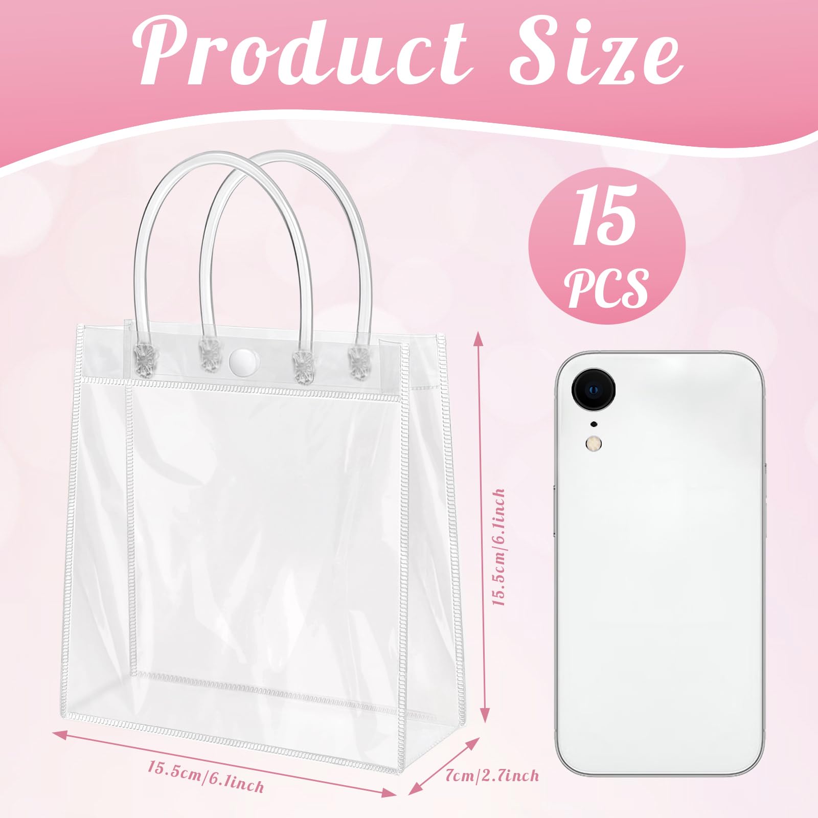 Okxiri 15 PCS Clear PVC Gift Bags with Handles,Small Reusable Plastic Party Favor Bags, Transparent Goodie Bags for Wedding,Baby Shower, Birthday (6.1" x 6.1" x 2.7")