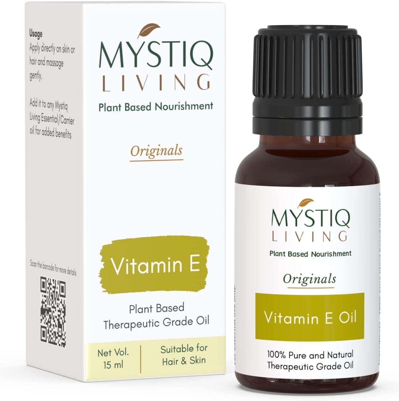 Living Vitamin E Oil for Hair, Face & Skin, Nails, Pore tightening – 15 ML | 100% Plant Based, Pure & Natural | Non Sticky | Light Weight